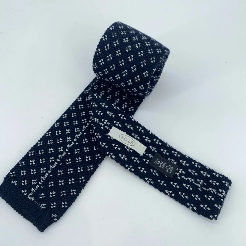 Eton Tie Mens Wool Knit Skinny Slim Navy White Patterned Luxury One Size Necktie